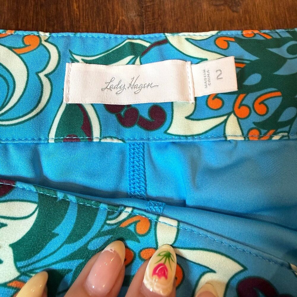 Lady Hagen Scarf Print Golf Skort Blue Orange size 2 Preppy Mosaic Athleisure - Picture 2 of 8